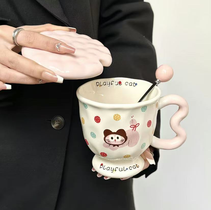 生日礼物送女生创意可爱波点小狗陶瓷马克杯带盖勺高颜值实用礼品
